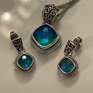 Gorgeous sterling silver and blue/green gemstone earrings and necklace set